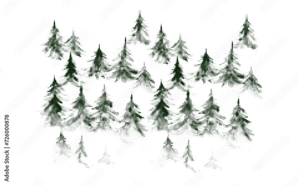 Obraz premium Abstract halftone textured gray green fir forest. Elegant geometric half tone coniferous landscape background, texture travel concept