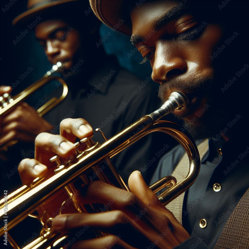 Obraz premium Black Male Musician Playing Saxophone & Trumpet