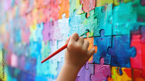 Close-up of a child's hand coloring colored puzzles on the wall. World Autism Awareness Day photo