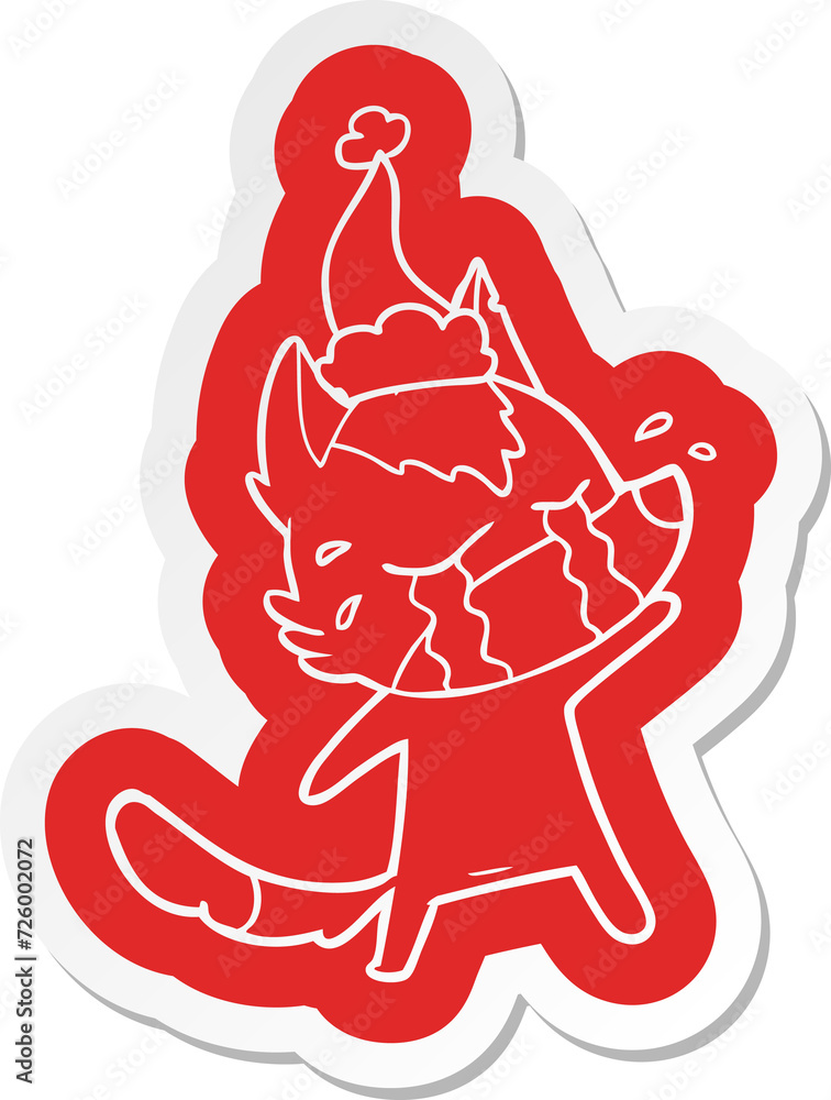 cartoon sticker of a crying wolf wearing santa hat cartoon sticker of a crying wolf wearing santa hat