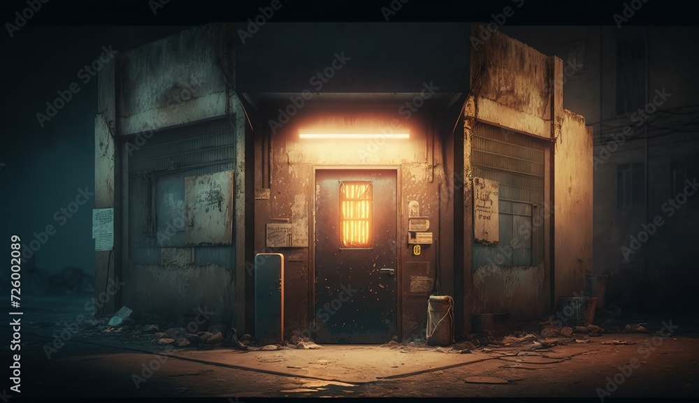 Corner of a grungy commercial building with closed rusty doors and glowing lights. Empty backstreet, concrete walls of an urban industrial building or warehouse during night time