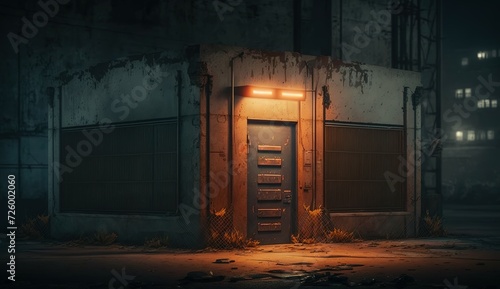 Corner of a grungy commercial building with closed rusty doors and glowing lights. Empty backstreet, concrete walls of an urban industrial building or warehouse during night time photo