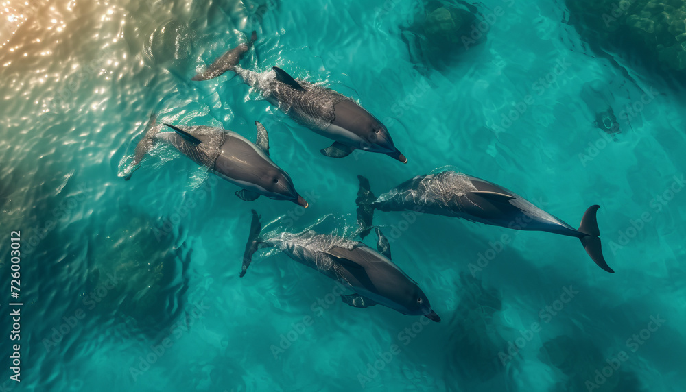 Fototapeta premium dolphins swimming gracefully through turquoise waters.generative ai
