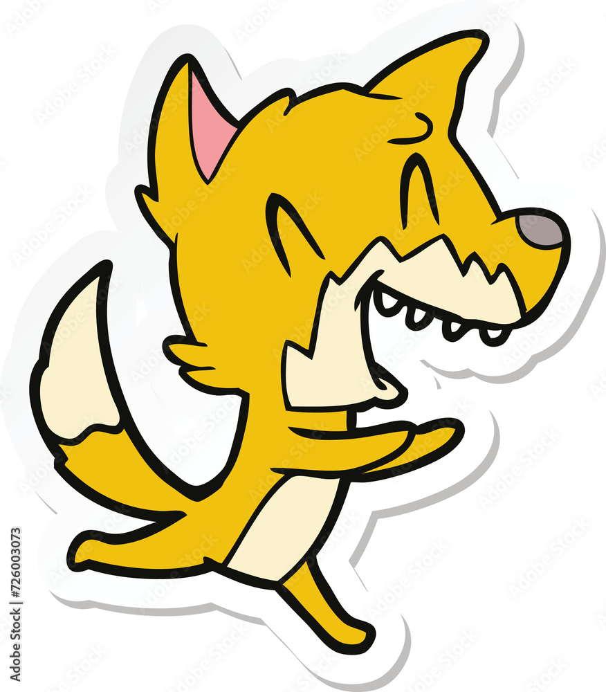 sticker of a laughing fox running away sticker of a laughing fox running away