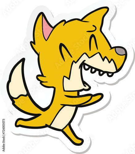 sticker of a laughing fox running away