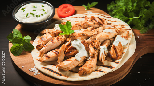 Grilled naan bread and chicken served with fresh greens and white garlic sauce, close-up on a wooden tray on black background, AI-generated image