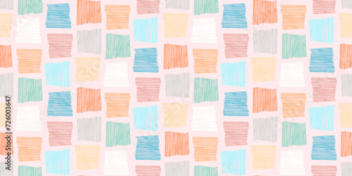Cute abstract colorful textured hand drawn scribble square shape seamless pattern. Scandinavian pastel colors mosaic texture for kids textile design, wrapping paper, surface, wallpaper, background