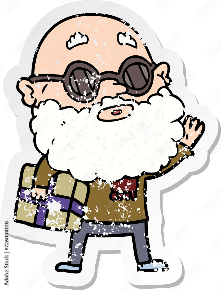 distressed sticker of a cartoon curious man with beard sunglasses and present distressed sticker of a cartoon curious man with beard sunglasses and present