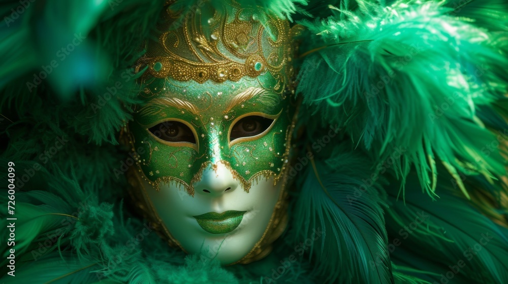 Venetian mask decorated with feathers, on a bright green background generative ai
