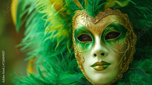 Venetian mask decorated with feathers, on a bright green background generative ai © ThisDesign