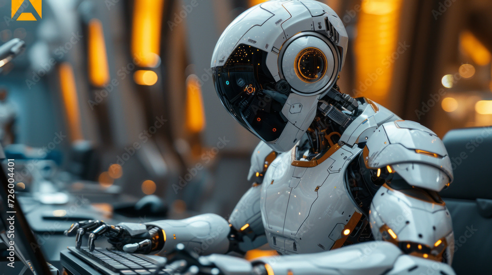 Fototapeta premium An AI robot sitting on a futuristic desk looking at his computer screen ,generative ai