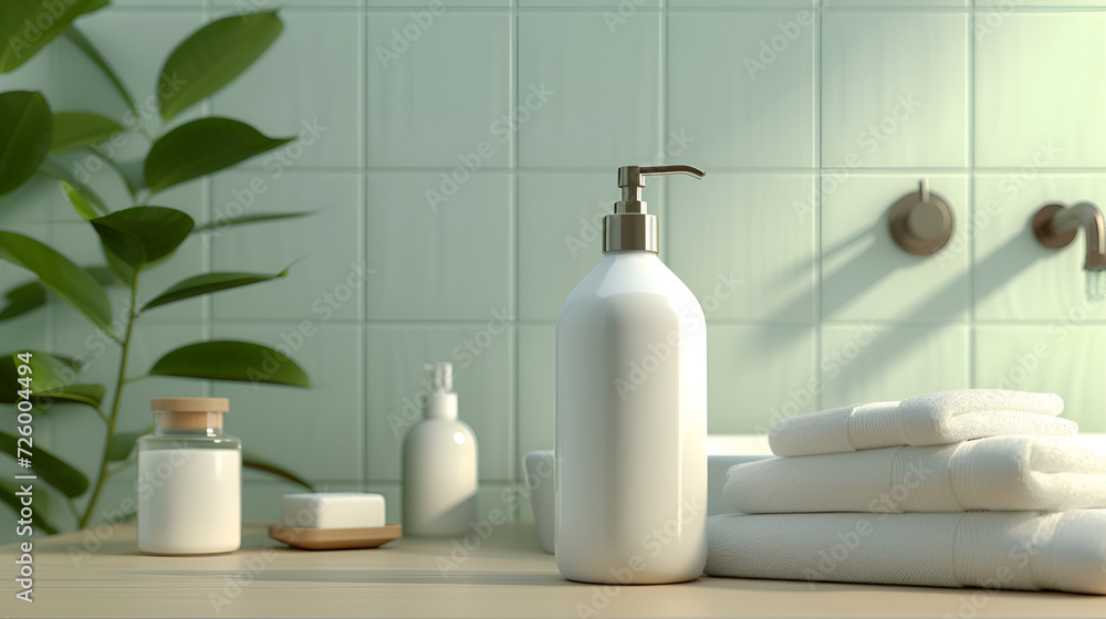 Fototapeta premium Minimalist bathroom setup with skincare products. Copy space, mock-up label