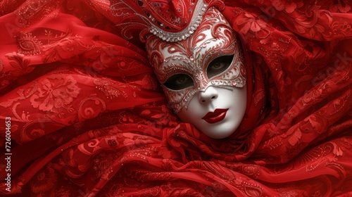 Festive red background complementing an elaborate Venetian carnival mask generative ai © ThisDesign