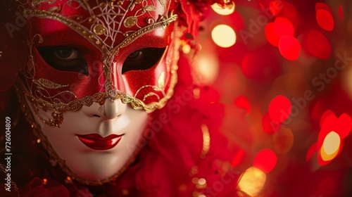 Festive red background complementing an elaborate Venetian carnival mask generative ai © ThisDesign