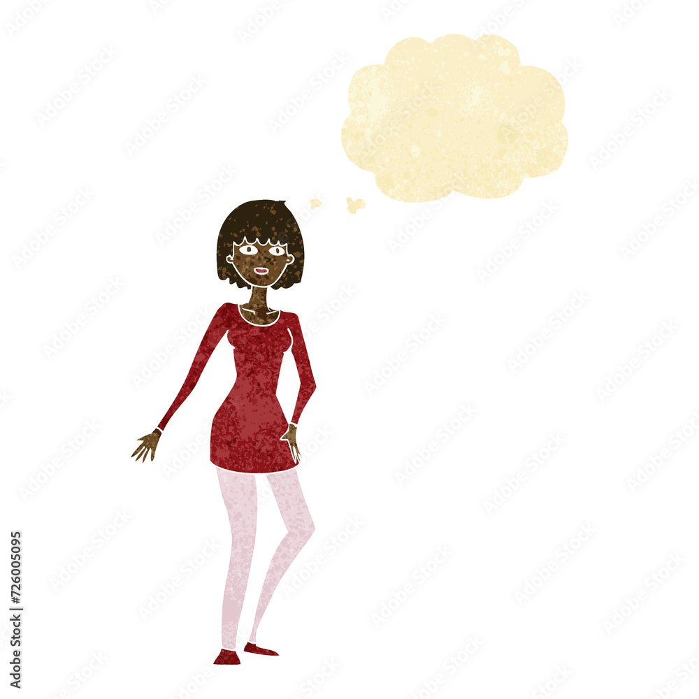 cartoon woman in dress with thought bubble cartoon woman in dress with thought bubble