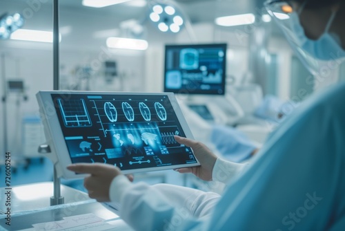 Focused healthcare worker in a modern hospital using an advanced digital touchscreen display with medical data and diagnostics. The technology enhances patient care in a sterile environment photo