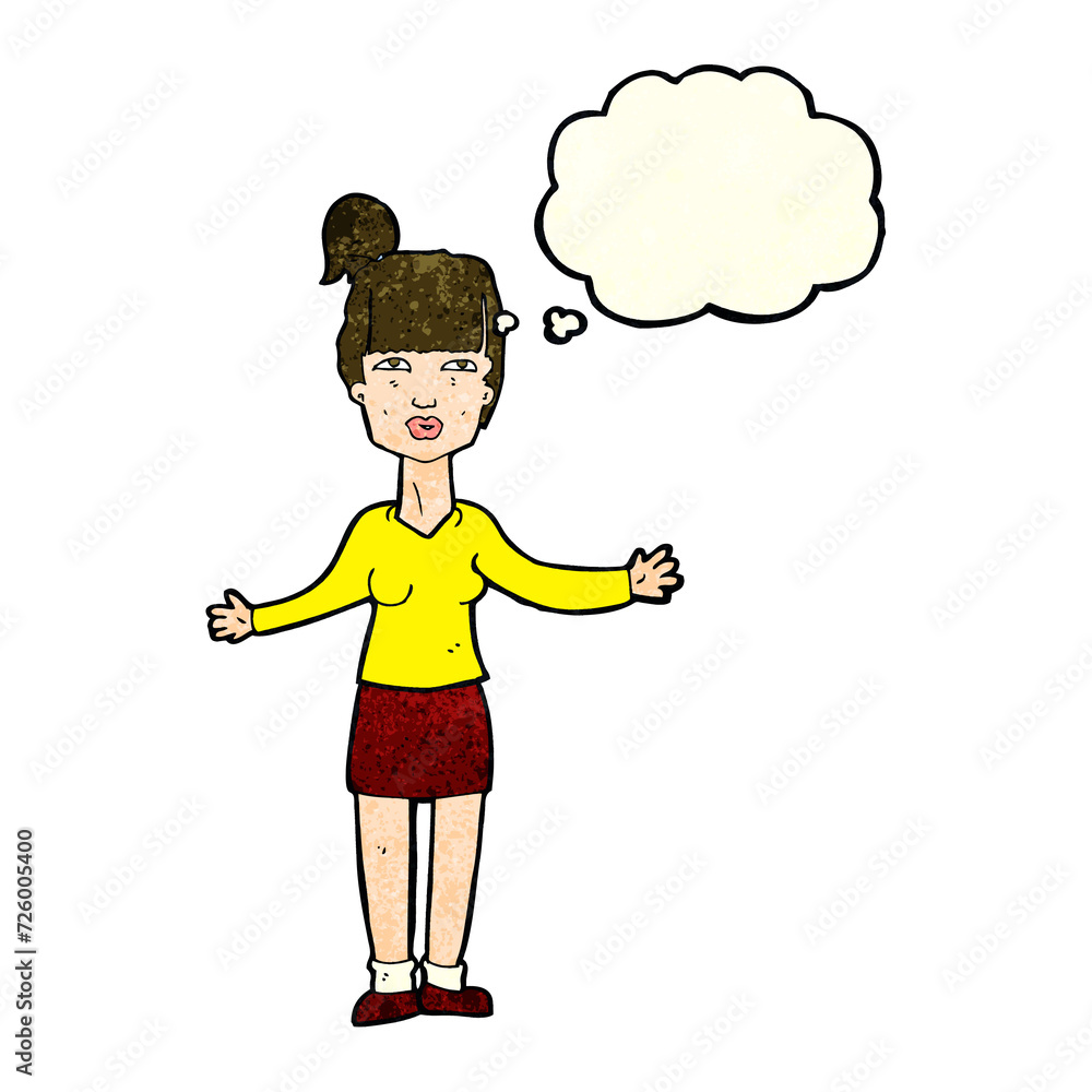 cartoon woman shrugging shoulders with thought bubble cartoon woman shrugging shoulders with thought bubble