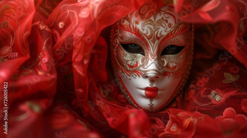 Intricate Venetian carnival mask displayed on a dynamic red background, generative ai © ThisDesign
