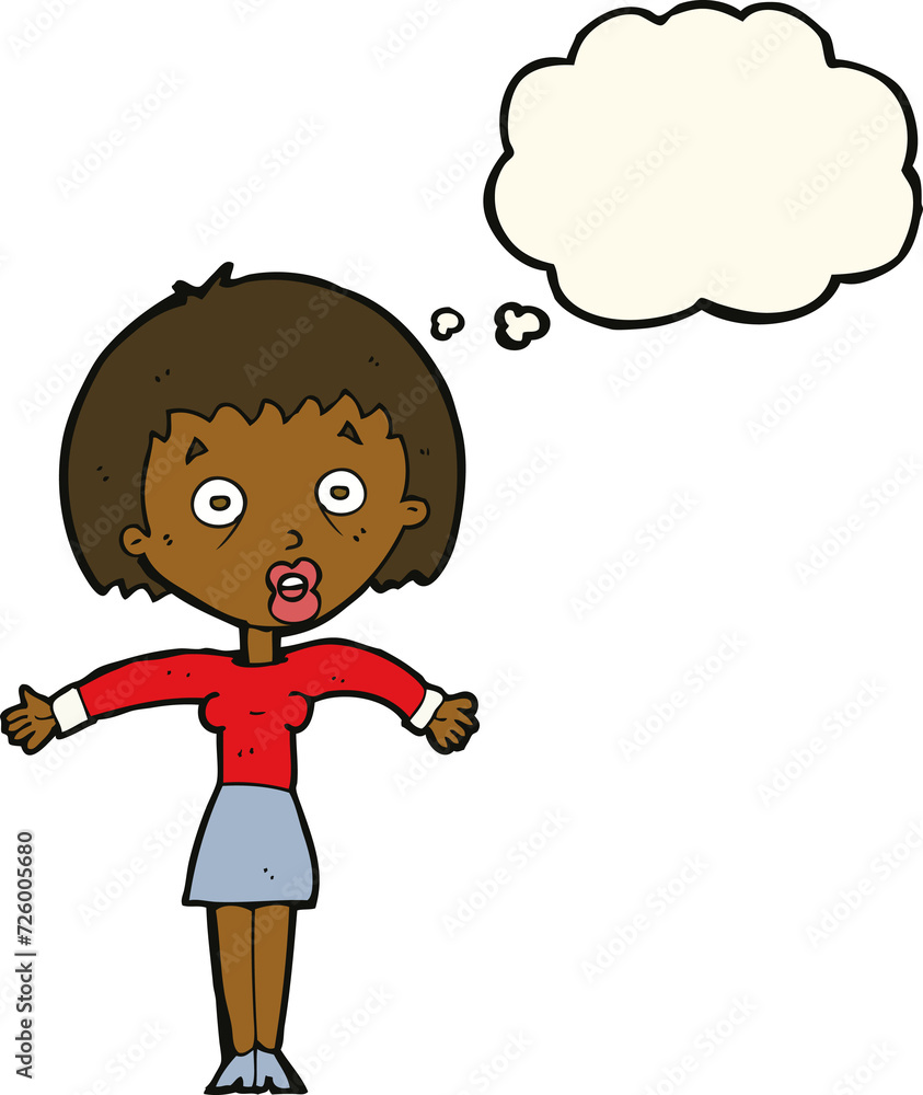 cartoon woman shrugging shoulders with thought bubble