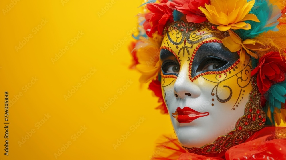 Cheerful carnival celebration with a Venetian mask on a bright yellow background generative ai