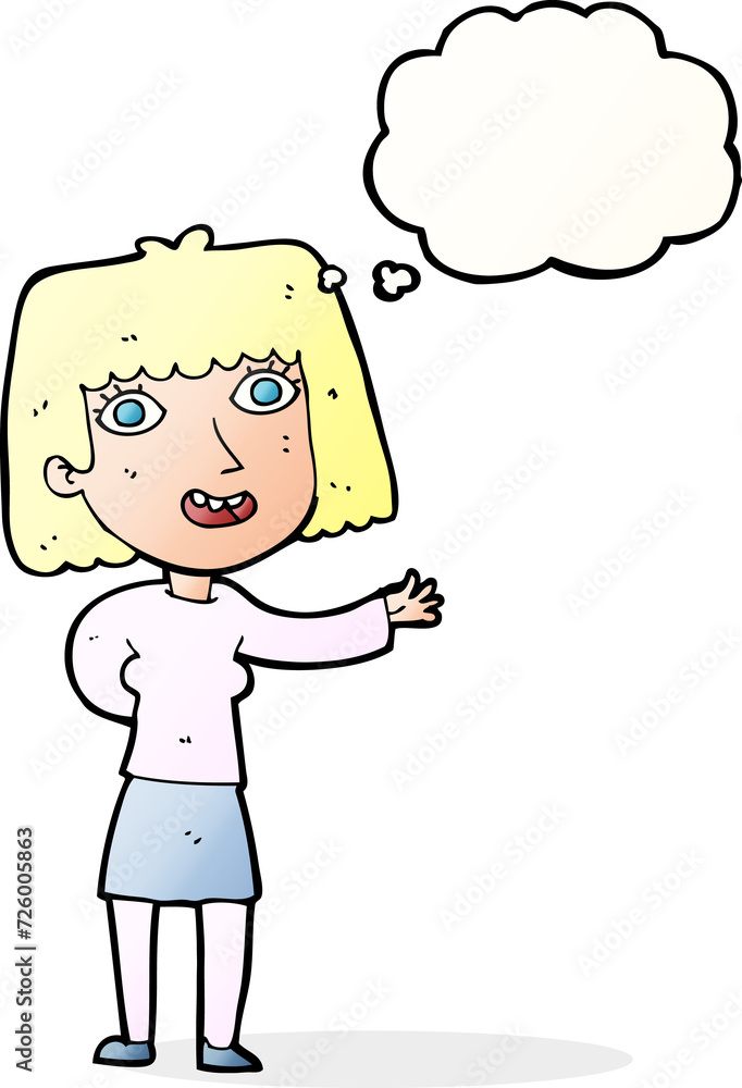 cartoon friendly woman waving with thought bubble cartoon friendly woman waving with thought bubble