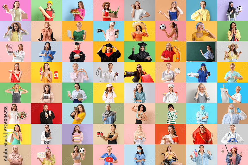 Fototapeta premium Big collage of different women on color background