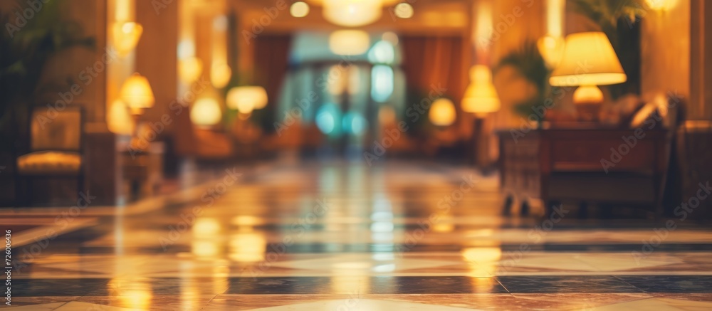 Vintage filter applied to a defocused hotel lobby for a background with abstract blur.