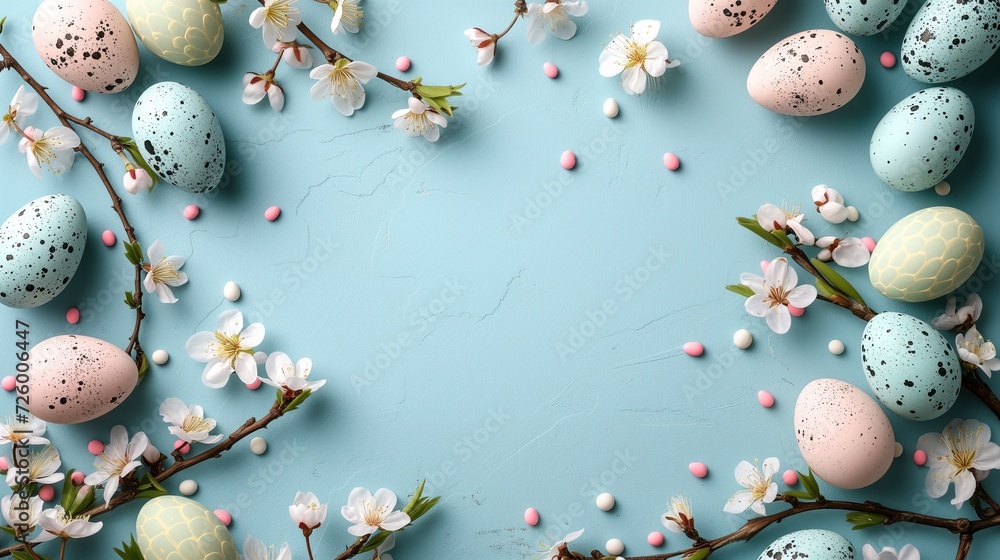 Easter composition. Easter eggs, flowers, paper blank on a pastel blue background. Flat layout, top view, copy space
