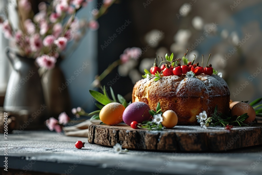 Easter egg and italian panetone cake on grey table background. Happy easter backdrop for spring holiday