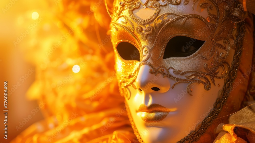 Luxurious Venetian carnival mask on a warm orange background generative ai Luxurious Venetian carnival mask on a warm orange background generative ai