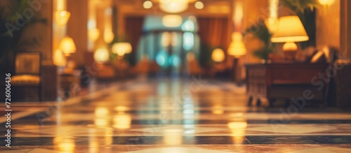 Vintage filter applied to a defocused hotel lobby for a background with abstract blur.