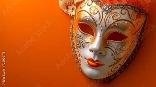 Luxurious Venetian carnival mask on a warm orange background generative ai