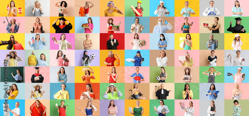 Big collage of different women on color background