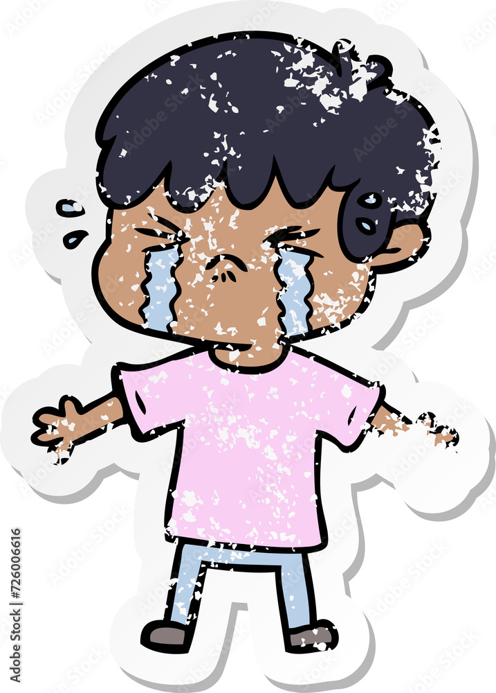 distressed sticker of a cartoon boy crying distressed sticker of a cartoon boy crying