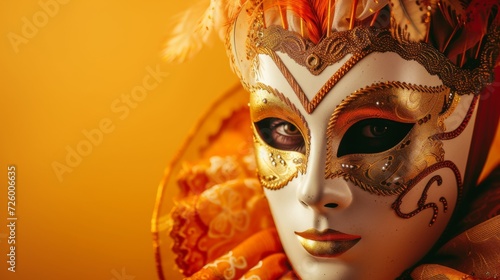 Luxurious Venetian carnival mask on a warm orange background generative ai