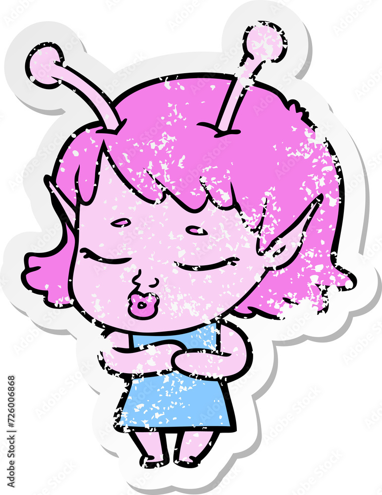 distressed sticker of a cute alien girl cartoon distressed sticker of a cute alien girl cartoon