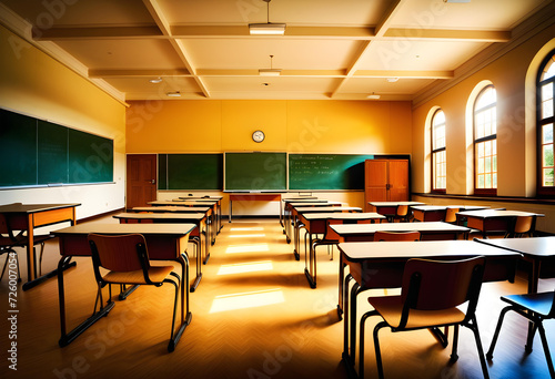 Classroom. Empty. School. Education. Learning Space. Academic. Desks. Chairs. Interior. Quiet. Abandoned. Study Environment. Educational. Teaching. Institutional. Classroom Setting. Room. AI Generated