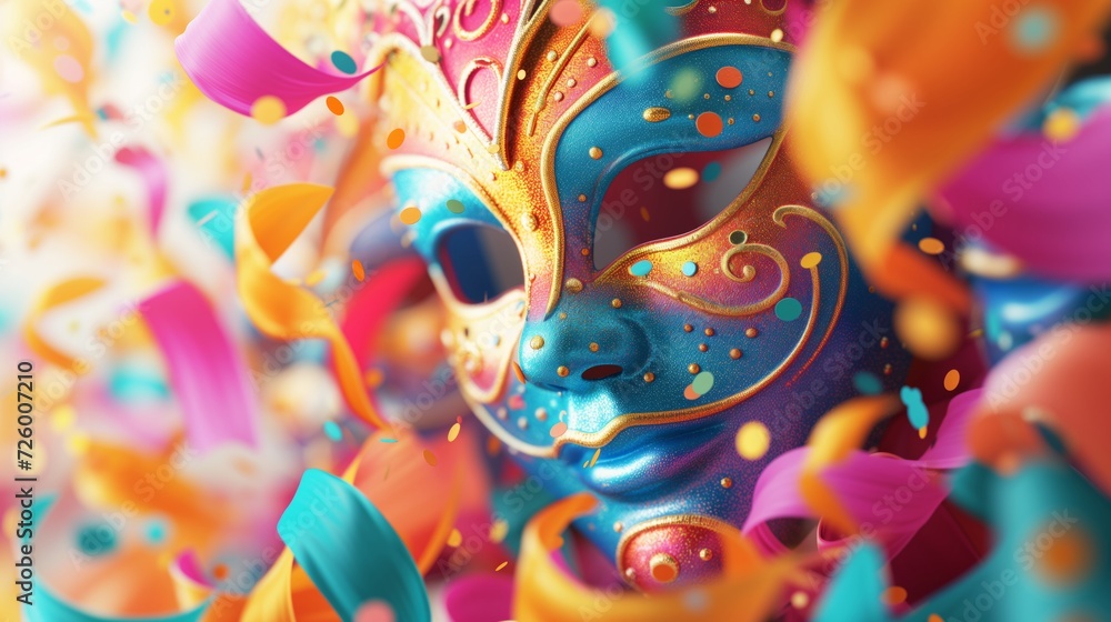 Carnival mask with colorful curling ribbons.