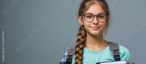 Glasses-wearing schoolgirl holding notebooks on a gray background. photo