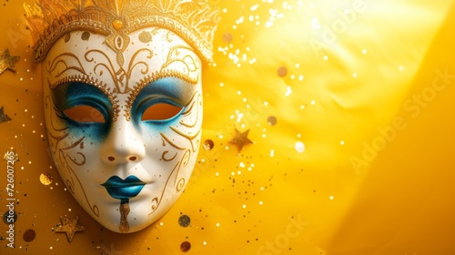 Venetian carnival mask placed on a yellow background generative ai © ThisDesign