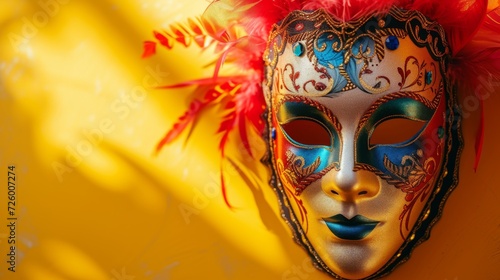 Venetian carnival mask placed on a yellow background generative ai