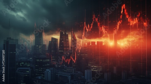 Cityscape overlaid with stock market crash graphs at dusk