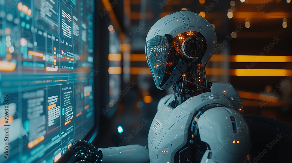 An AI robot sitting on a futuristic desk looking at his computer screen ,generative ai