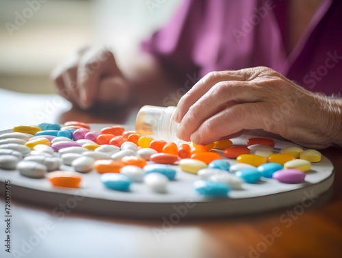Pills keep us alive longer - the aging hands of a mature woman next to a collection of colourful prescription pills on the table contemplating which one to take first 
