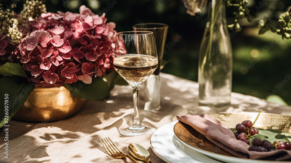 Wedding or formal dinner holiday celebration tablescape with hydrangea flowers in the English countryside garden, table setting and wine, floral table decor for family dinner party, home styling