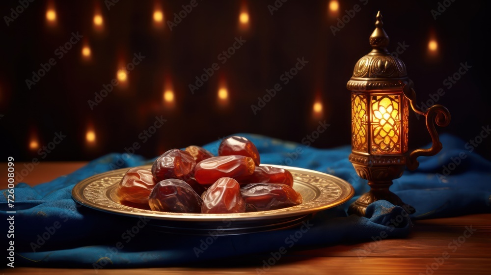 Naklejka premium iftar meal and lantern lamp with copy space