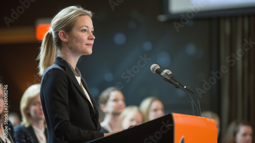 A female shipping company CEO giving a speech at a conference about the increasing representation of women in maritime leadership positions inspiring and empowering the next photo