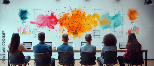 illustration colorful creative agency business brain storm meeting people with icon line presentation, generative ai