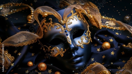 Sophisticated Venetian carnival mask on an elegant black background, generative ai