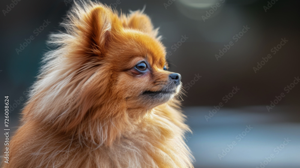 Outdoor portrait of a pedigree Pomeranian dog. Three-quarter profile. 